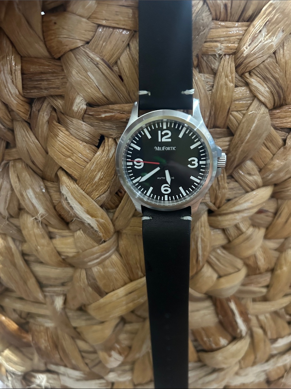 Men's Black Dial Automatic Leather Strap Watch